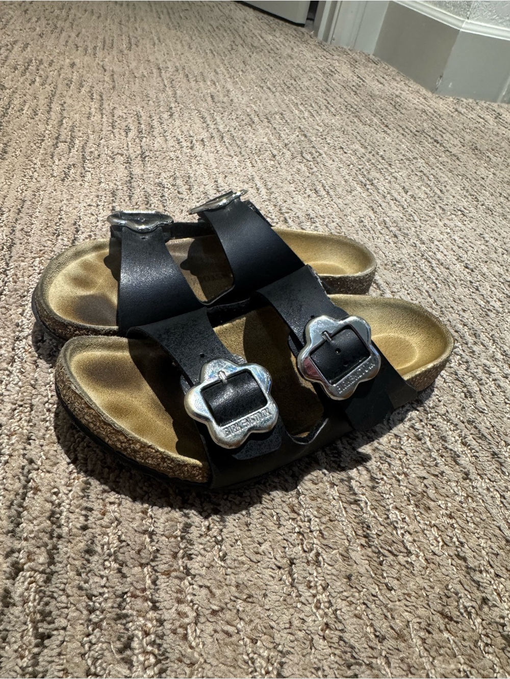Birkenstock Kids Black Double-Strap Slide Sandals with Flower Buckles